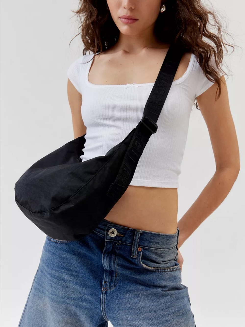 BAGGU Black Nylon Medium Crescent Crossbody Shoulder Bag